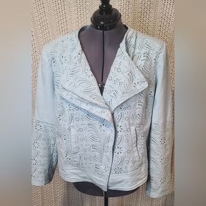 Chico's light blue faux suede perforated moto jacket women's size 2 / Large